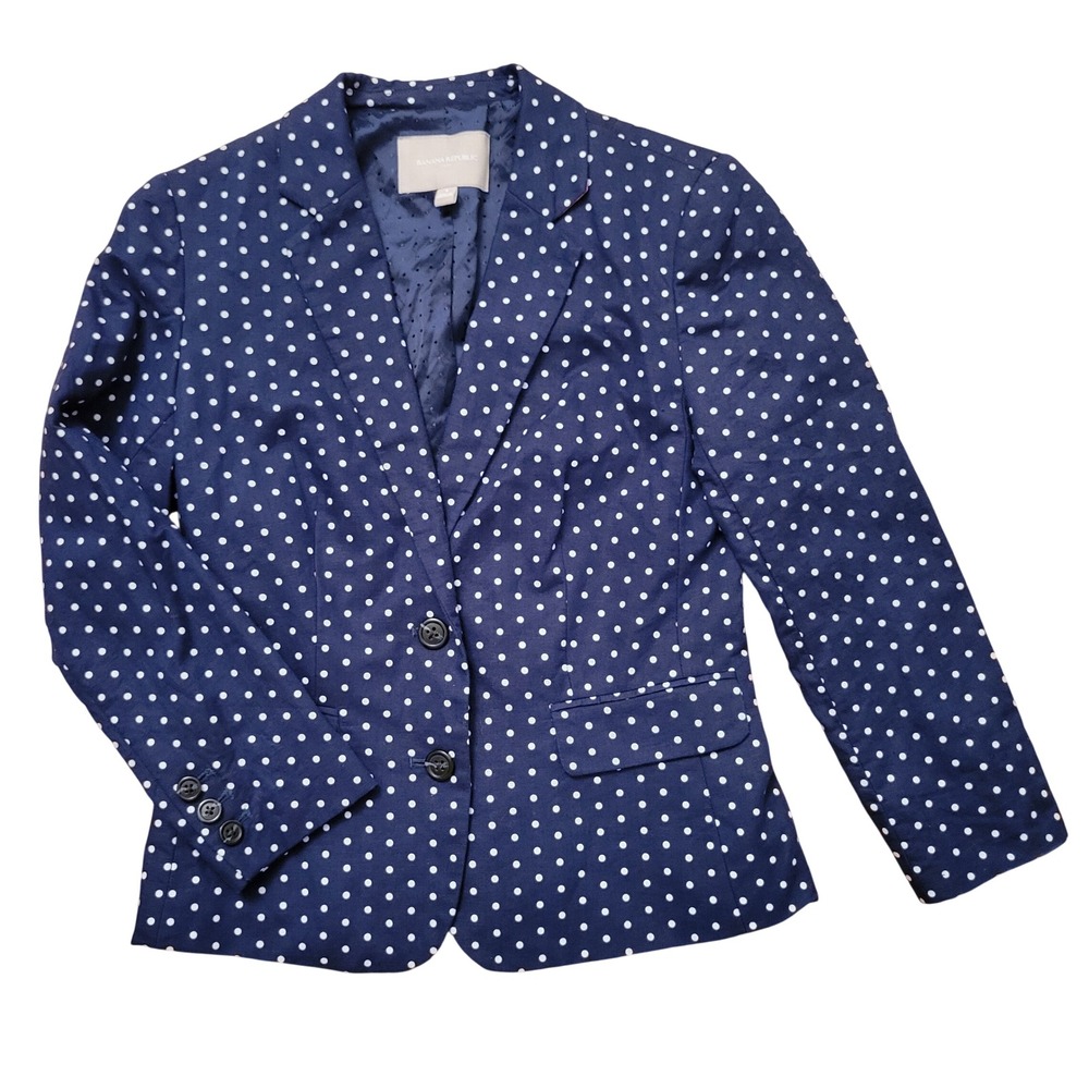 Banana Republic 2 Blazer Navy White Polka Dot Tailored Two Button Pockets Preppy